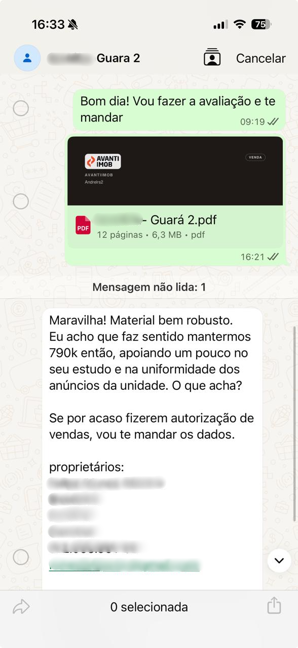 Conversa de WhatsApp: proprietário responde ao corretor da Avanti Imob elogiando o estudo do Pardal Data e mantendo o preço do imóvel.