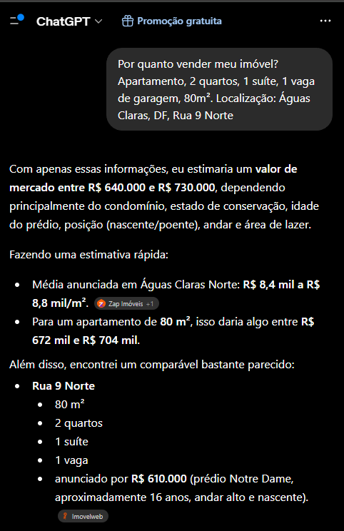 Resposta do ChatGPT estimando o valor do imóvel na faixa de R$ 640 mil – R$ 730 mil