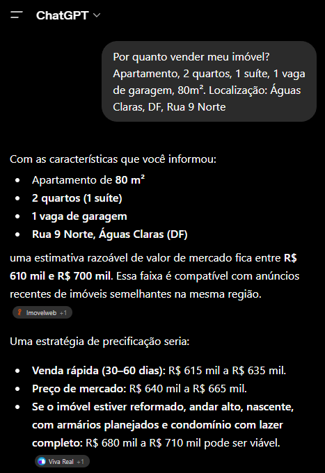 Resposta do ChatGPT estimando o valor do imóvel na faixa de R$ 610 mil – R$ 700 mil